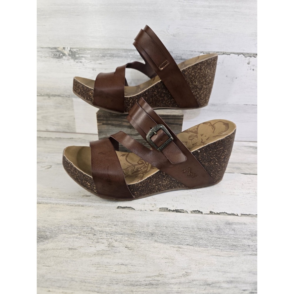 Blowfish Malibu Womens Brown Faux Leather Strappy Buckle Cork Wedge Sandals - Picture 3 of 11